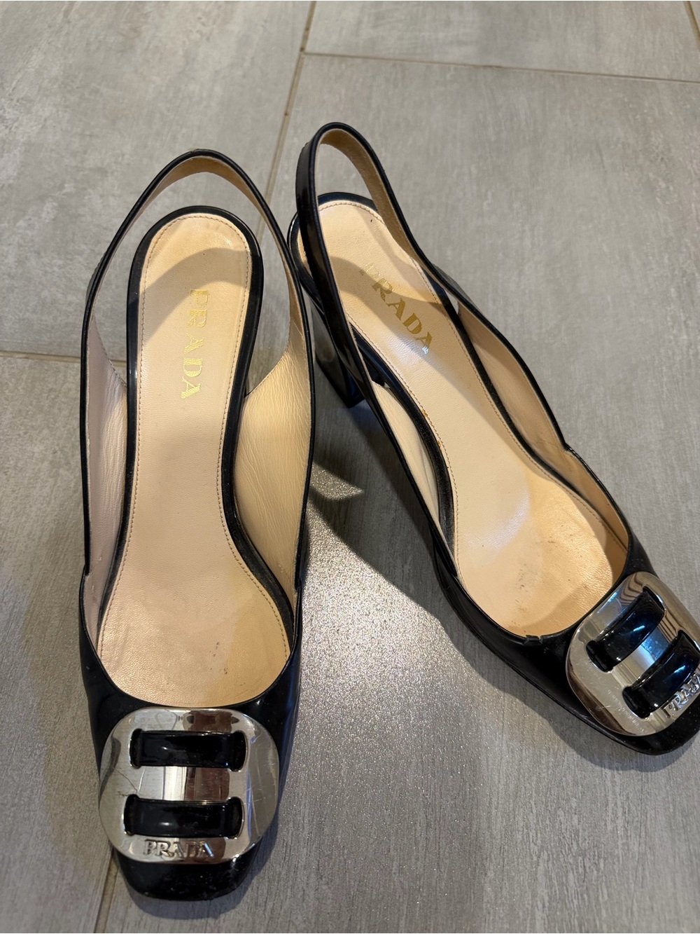 Vintage Prada Black Patent Leather Slingback Mules with Silver Buckle